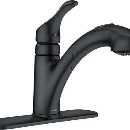 Moen Renzo CA87316BL Matte Black One-Handle Pullout Kitchen or Laundry Faucet with Power Clean and Optional Deck Plate