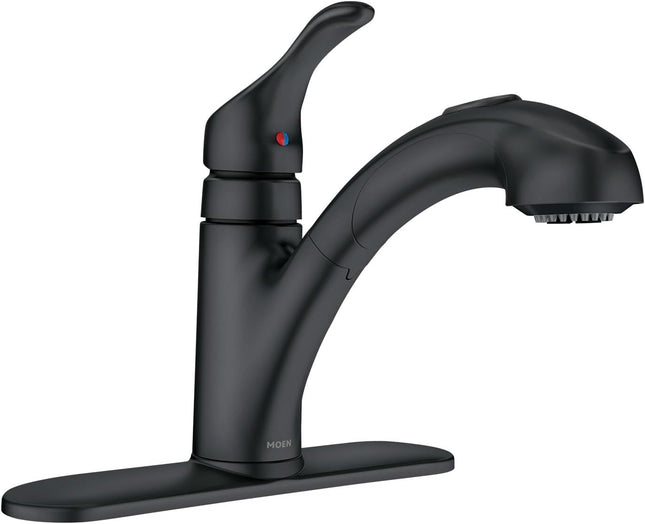 Moen Renzo CA87316BL Matte Black One-Handle Pullout Kitchen or Laundry Faucet with Power Clean and Optional Deck Plate