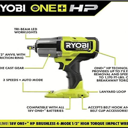 RYOBI - ONE+ HP 18V Brushless Cordless 4-Mode 1/2 in. High Torque Impact Wrench (Tool Only) - PBLIW01B