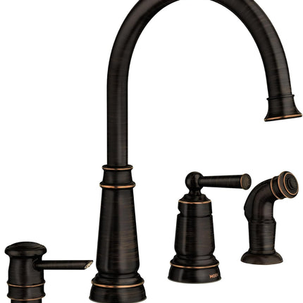 Moen 87042BRB Mediterranean Bronze One-Handle High-Arc Kitchen Faucet with Side Spray and Soap Dispenser, 4-Hole Installation