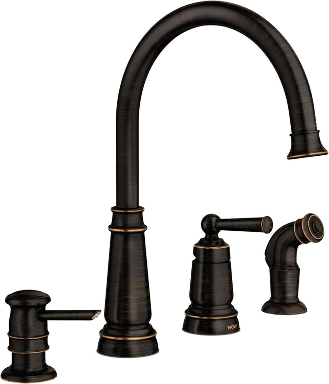 Moen 87042BRB Mediterranean Bronze One-Handle High-Arc Kitchen Faucet with Side Spray and Soap Dispenser, 4-Hole Installation