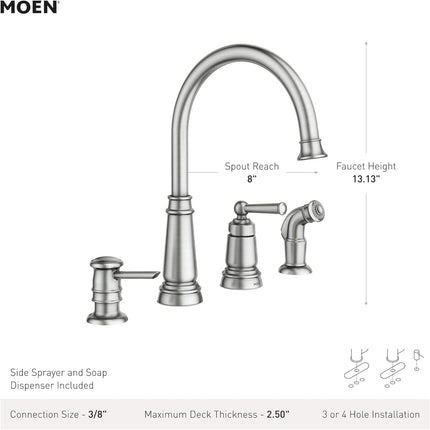 Moen 87042BRB Mediterranean Bronze One-Handle High-Arc Kitchen Faucet with Side Spray and Soap Dispenser, 4-Hole Installation