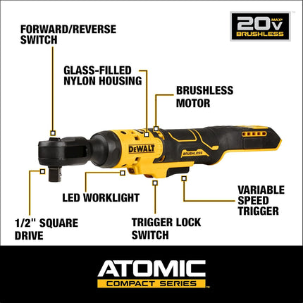 DEWALT ATOMIC 20V MAX Brushless Cordless Ratchet, 1/2 Inch, Bare Tool Only (DCF512B)