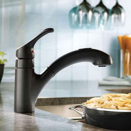 Moen Renzo CA87316BL Matte Black One-Handle Pullout Kitchen or Laundry Faucet with Power Clean and Optional Deck Plate