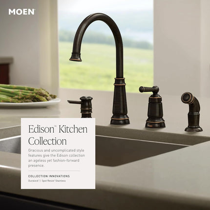 Moen 87042BRB Mediterranean Bronze One-Handle High-Arc Kitchen Faucet with Side Spray and Soap Dispenser, 4-Hole Installation