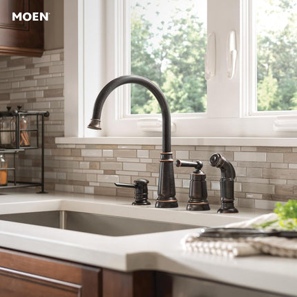 Moen 87042BRB Mediterranean Bronze One-Handle High-Arc Kitchen Faucet with Side Spray and Soap Dispenser, 4-Hole Installation
