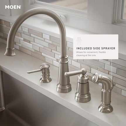 Moen 87042BRB Mediterranean Bronze One-Handle High-Arc Kitchen Faucet with Side Spray and Soap Dispenser, 4-Hole Installation