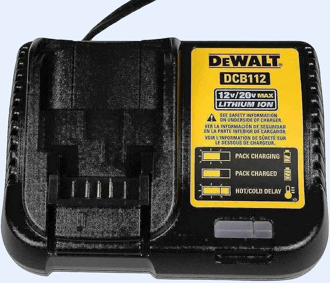 DeWalt battery charger with a yellow label on a white background