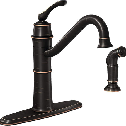 Moen Wetherly 87999BRB Mediterranean Bronze High-Arc Kitchen Faucet with Side Sprayer, Single Handle, 2 or 4-Hole Deck Mount